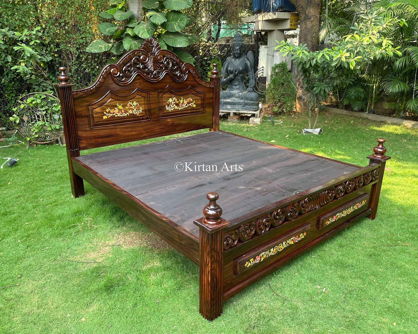 Hand Carved Rosewood King Bed | Floral Inlay Work | 6.6x6 ft