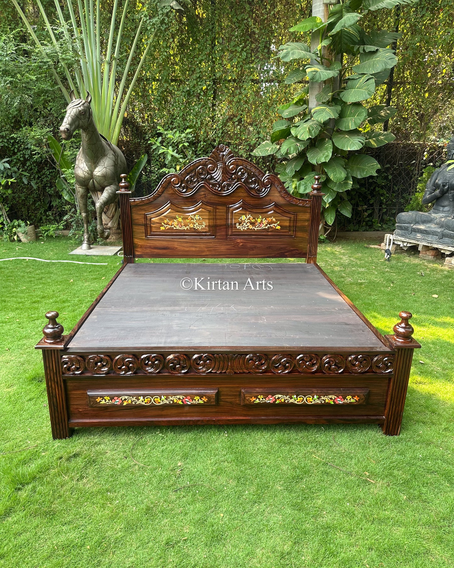 Hand Carved Rosewood King Bed | Floral Inlay Work | 6.6x6 ft