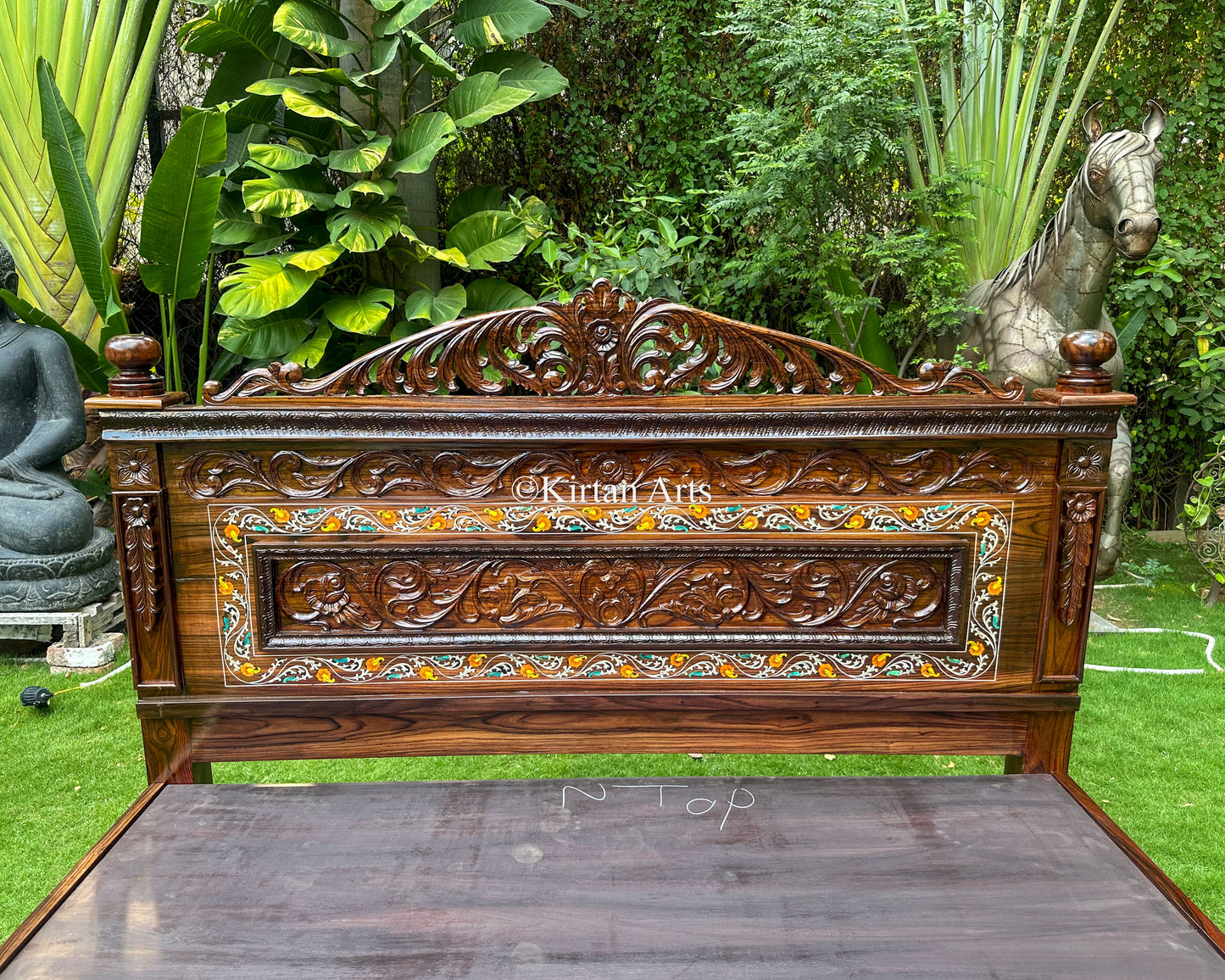 Grand Rosewood King Bed – Intricate Floral Inlay & Deep-Relief Hand Carving | 6.6x6 ft