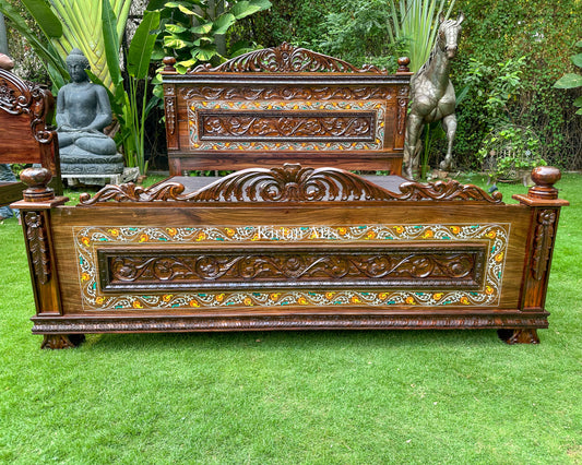 Grand Rosewood King Bed – Intricate Floral Inlay & Deep-Relief Hand Carving | 6.6x6 ft
