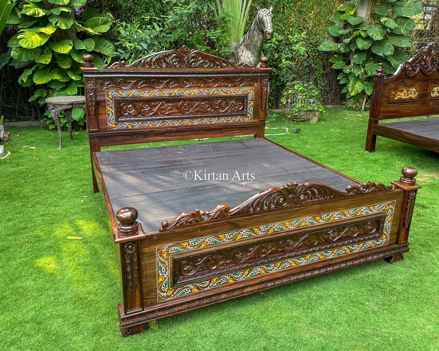 Grand Rosewood King Bed – Intricate Floral Inlay & Deep-Relief Hand Carving | 6.6x6 ft
