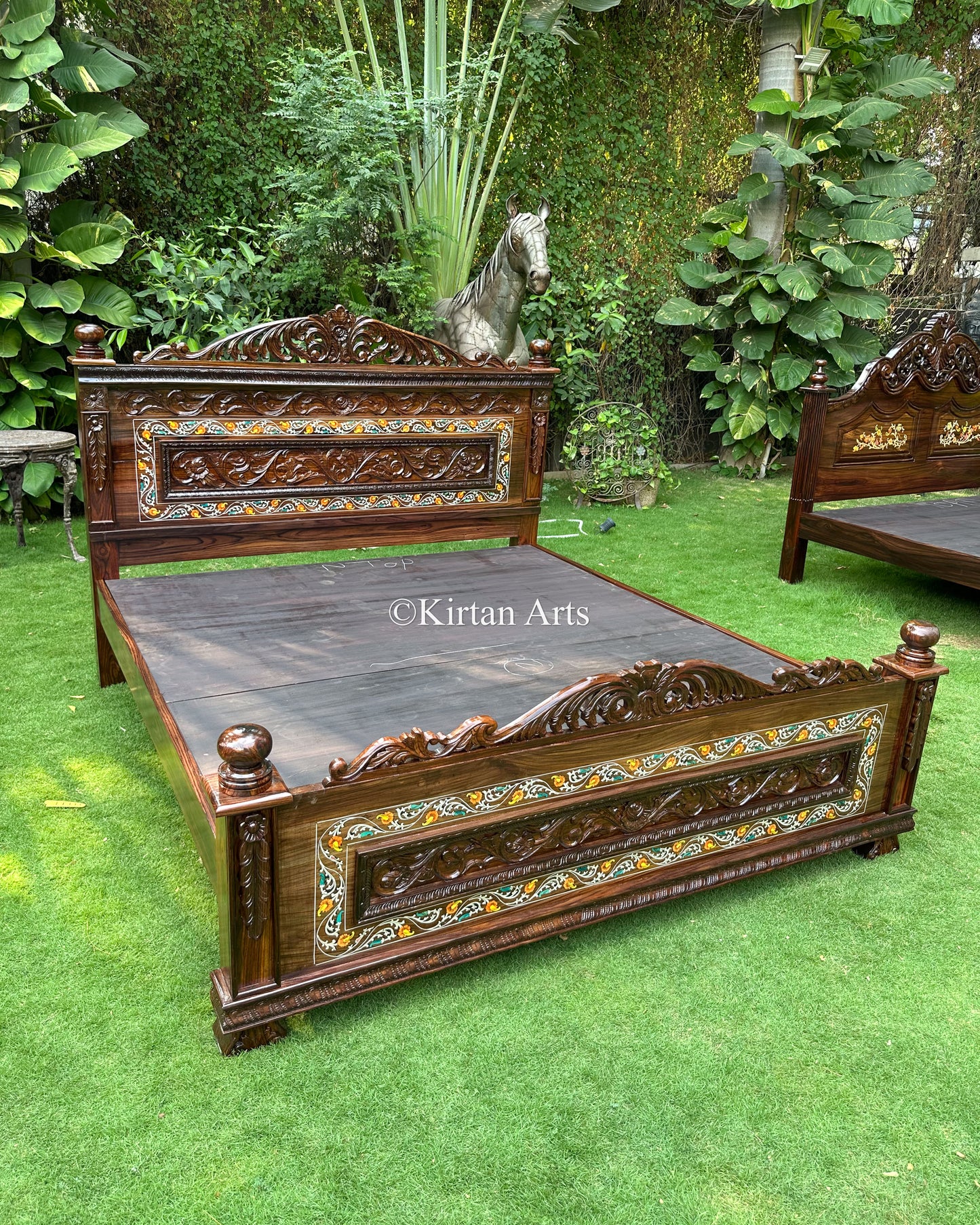 Grand Rosewood King Bed – Intricate Floral Inlay & Deep-Relief Hand Carving | 6.6x6 ft