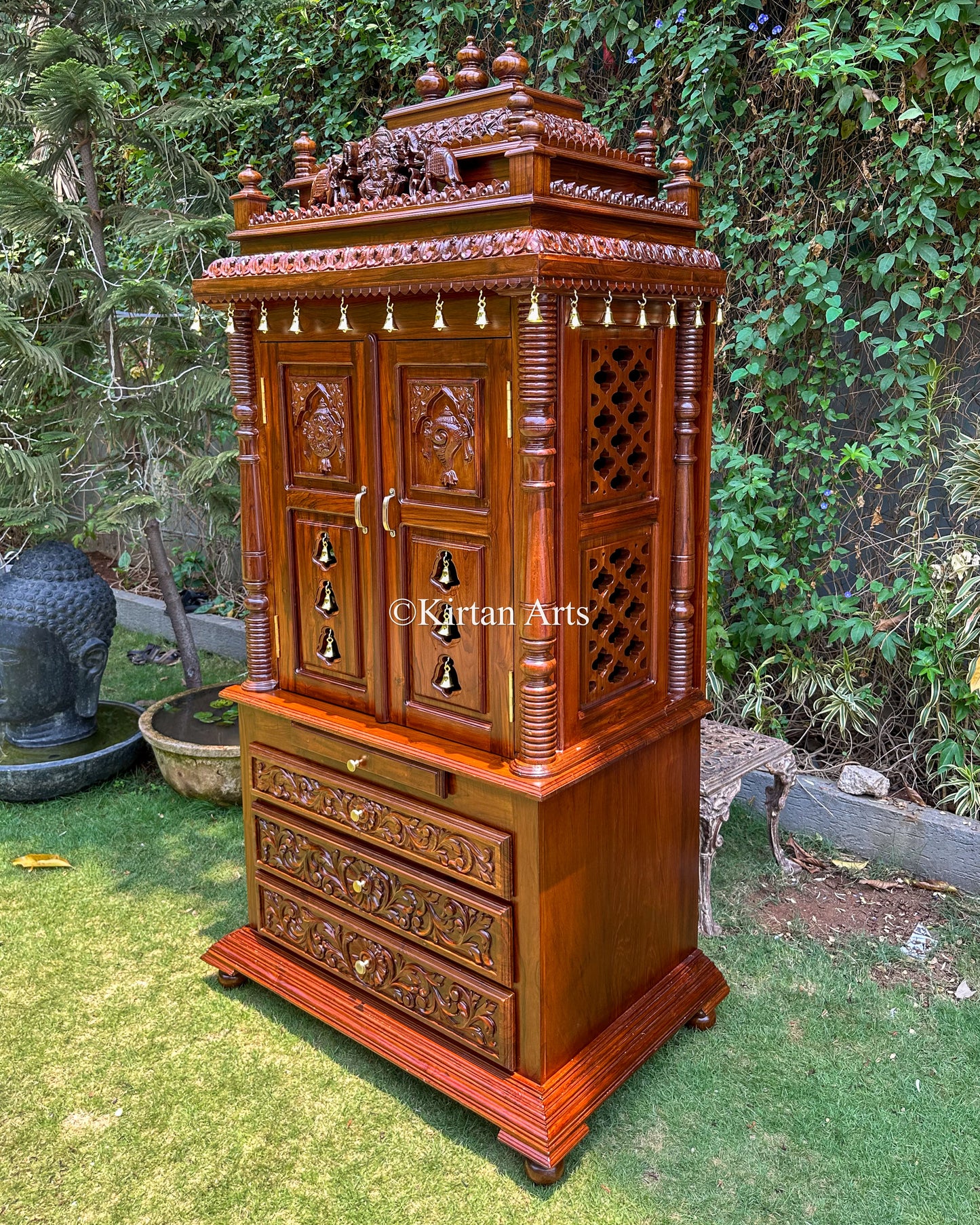 Teakwood Cupboard Style Mandir | Handcarved | 84x42x25 Inches