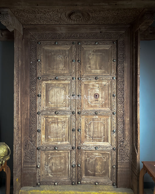 Antique Hand-Carved Solid Teakwood Door with Ornate Frame – Vintage Architectural Salvage from Andhra Pradesh