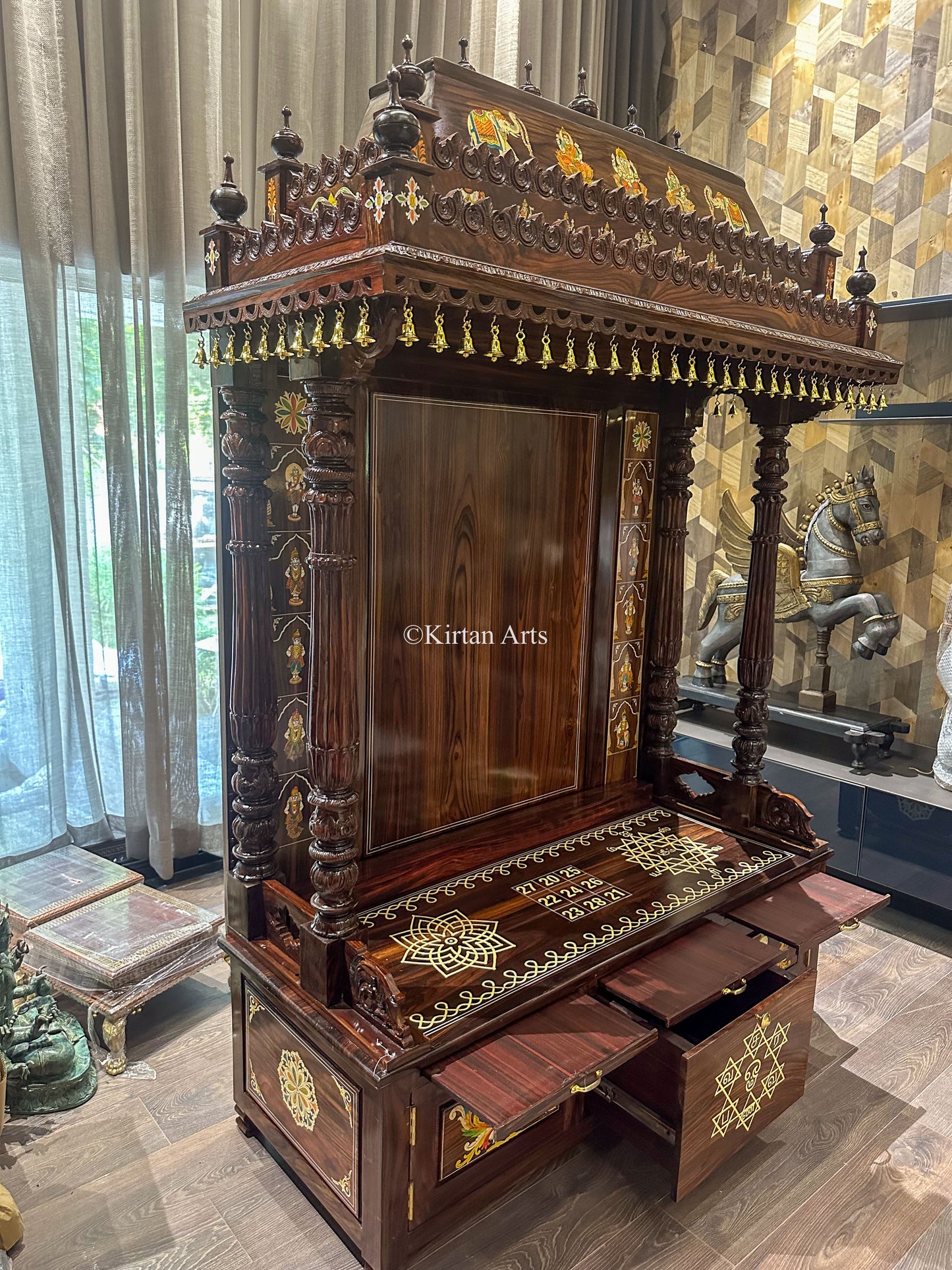 Rosewood Pooja Mandir | Custom Kolam Work | 7ft