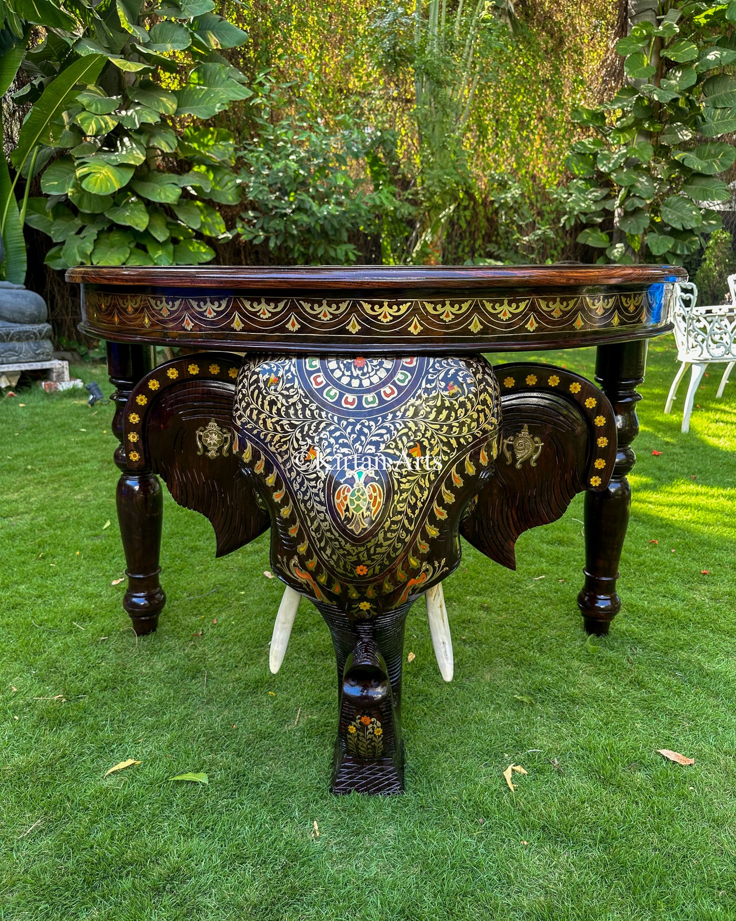 Large Rosewood Elephant Console Table w Brass Inlay | 46"