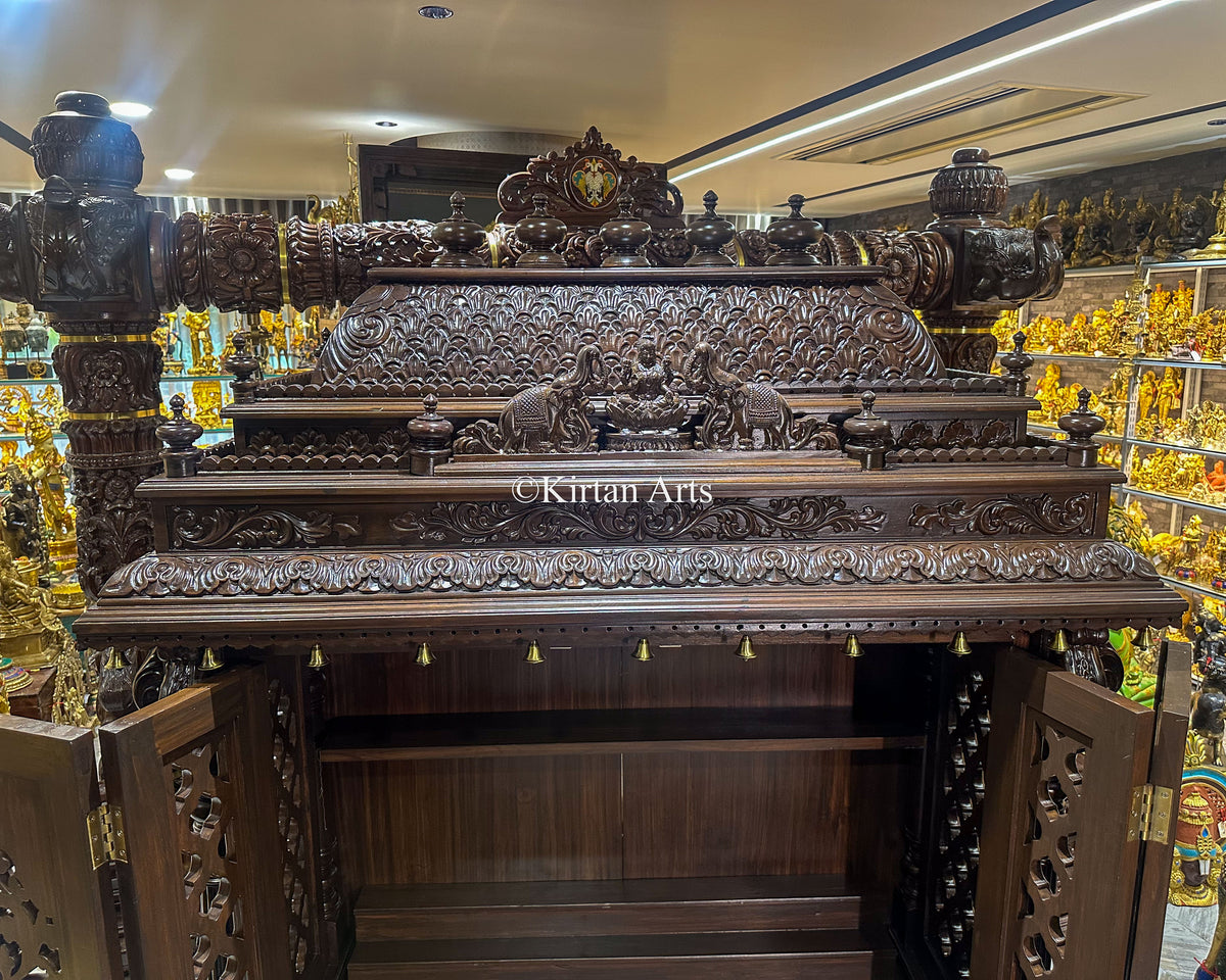 Teakwood Carved Puja Mandir w Doors 80" | Espresso Finish