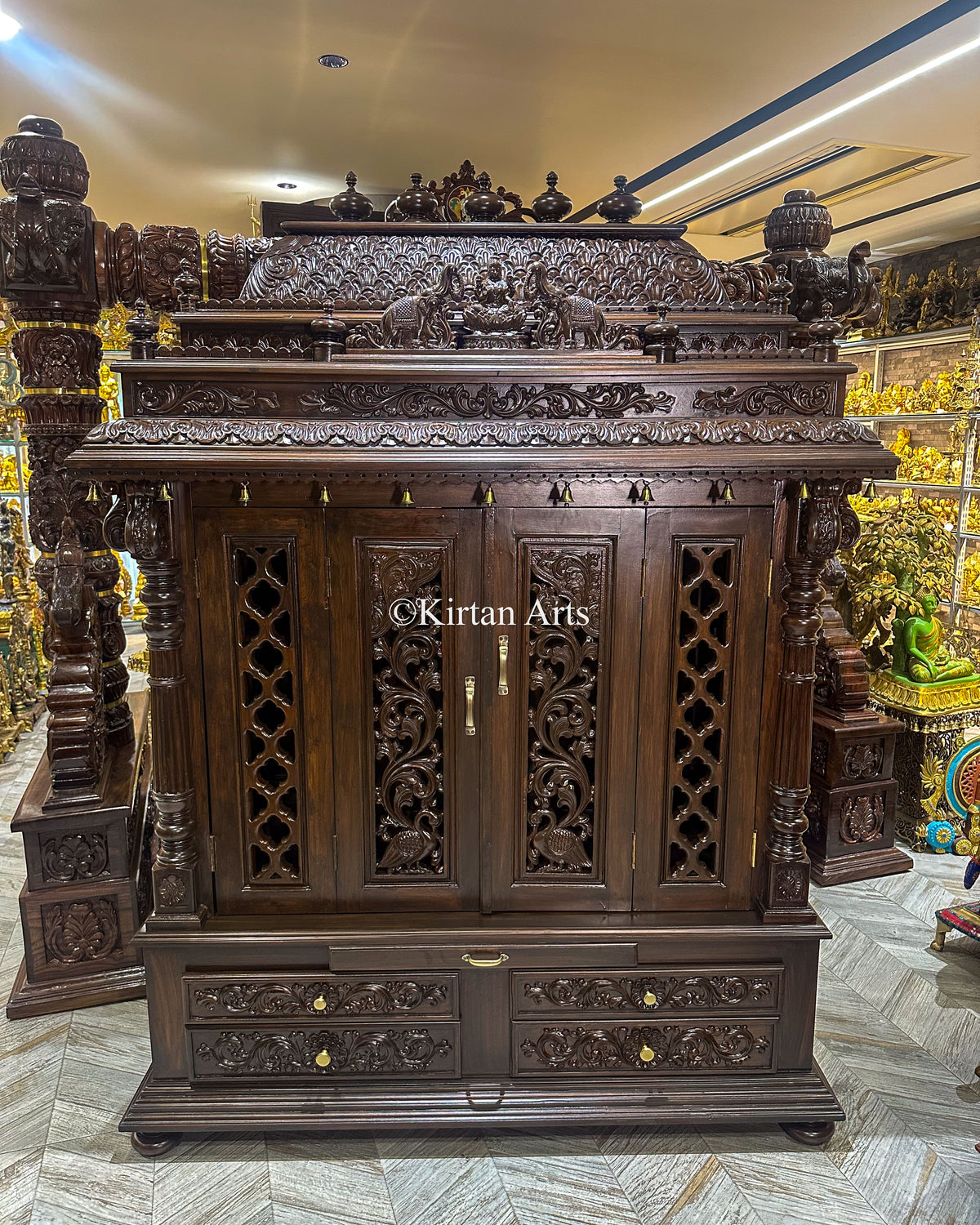 Teakwood Carved Puja Mandir w Doors 80" | Espresso Finish