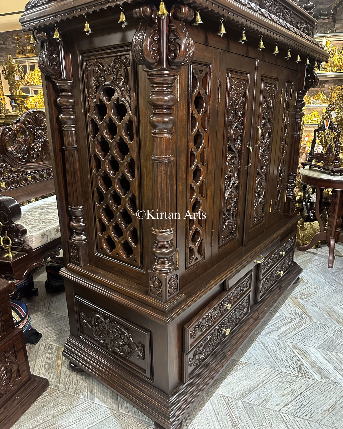 Teakwood Carved Puja Mandir w Doors 80" | Espresso Finish
