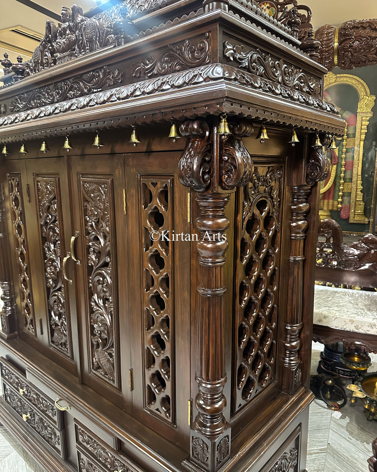 Teakwood Carved Puja Mandir w Doors 80" | Espresso Finish