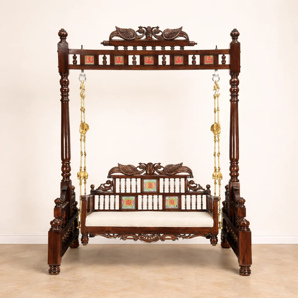 Grand Teakwood Jhula with Warli & Madhubani Art and Dhokra Brass Detailing | Padmini Swing