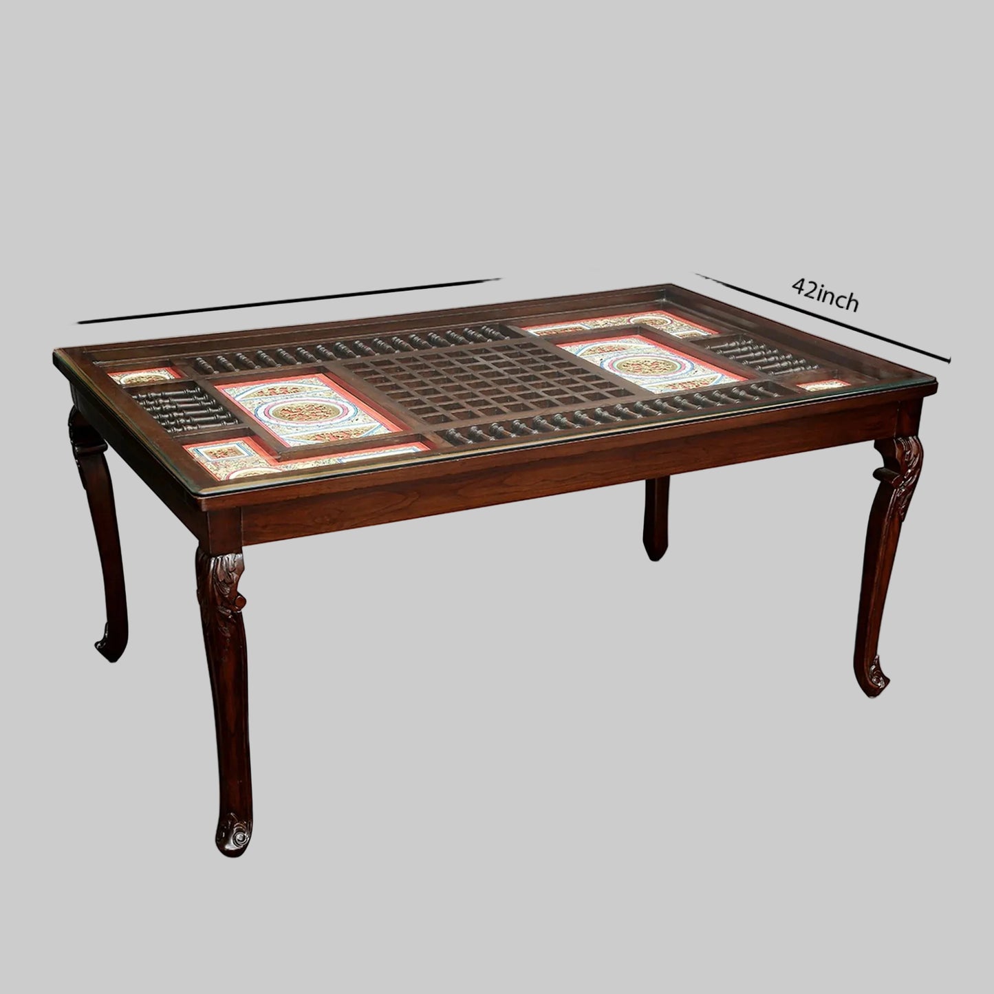 Teakwood 6 Seater Dining Set | Walnut Finish | 66x42x30 Inches | Dhokra Artwork | Recto