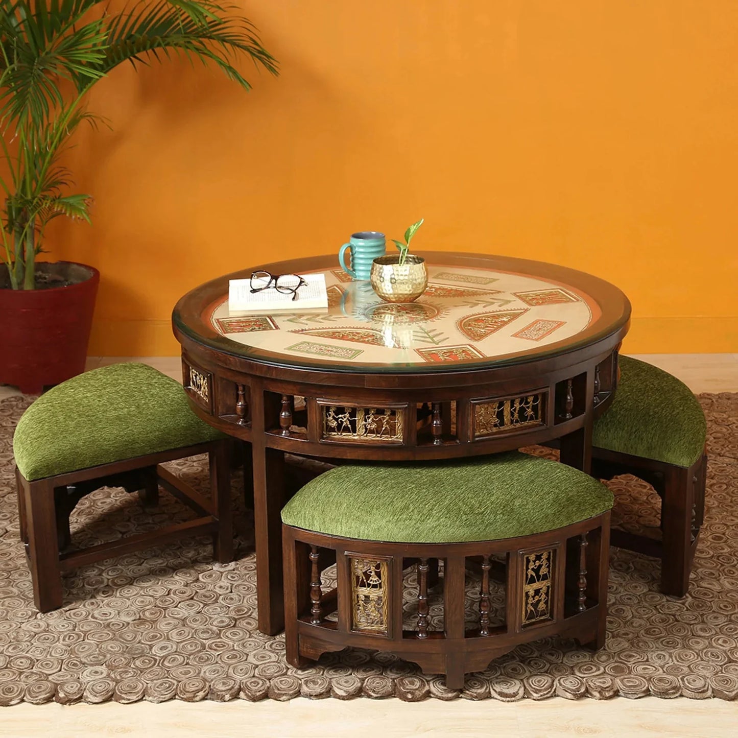 Kanaka Premium Teakwood 4-Seater Coffee Table Set – 36-Inch Center Table with 4 Hideaway Puffy Stools (Warli & Dhokra Art)