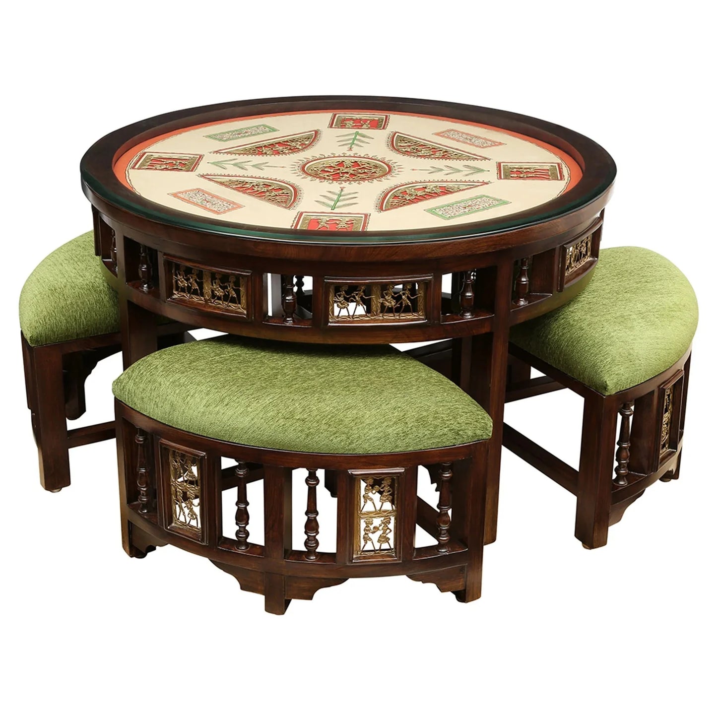 Kanaka Premium Teakwood 4-Seater Coffee Table Set – 36-Inch Center Table with 4 Hideaway Puffy Stools (Warli & Dhokra Art)
