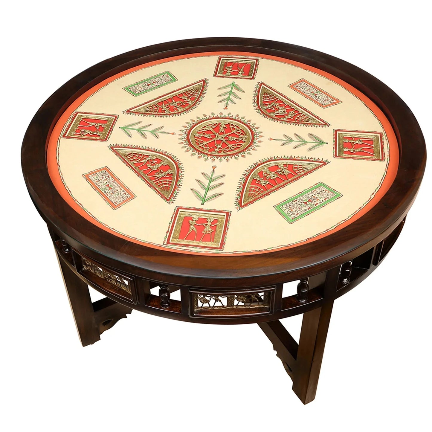 Kanaka Premium Teakwood 4-Seater Coffee Table Set – 36-Inch Center Table with 4 Hideaway Puffy Stools (Warli & Dhokra Art)