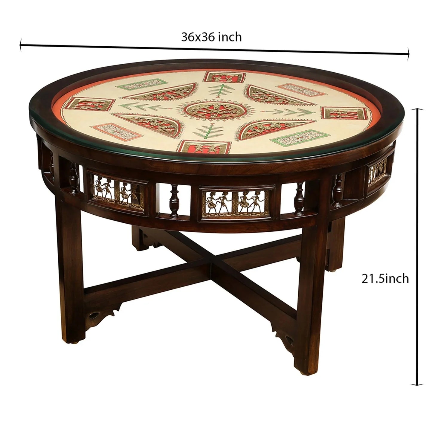 Kanaka Premium Teakwood 4-Seater Coffee Table Set – 36-Inch Center Table with 4 Hideaway Puffy Stools (Warli & Dhokra Art)