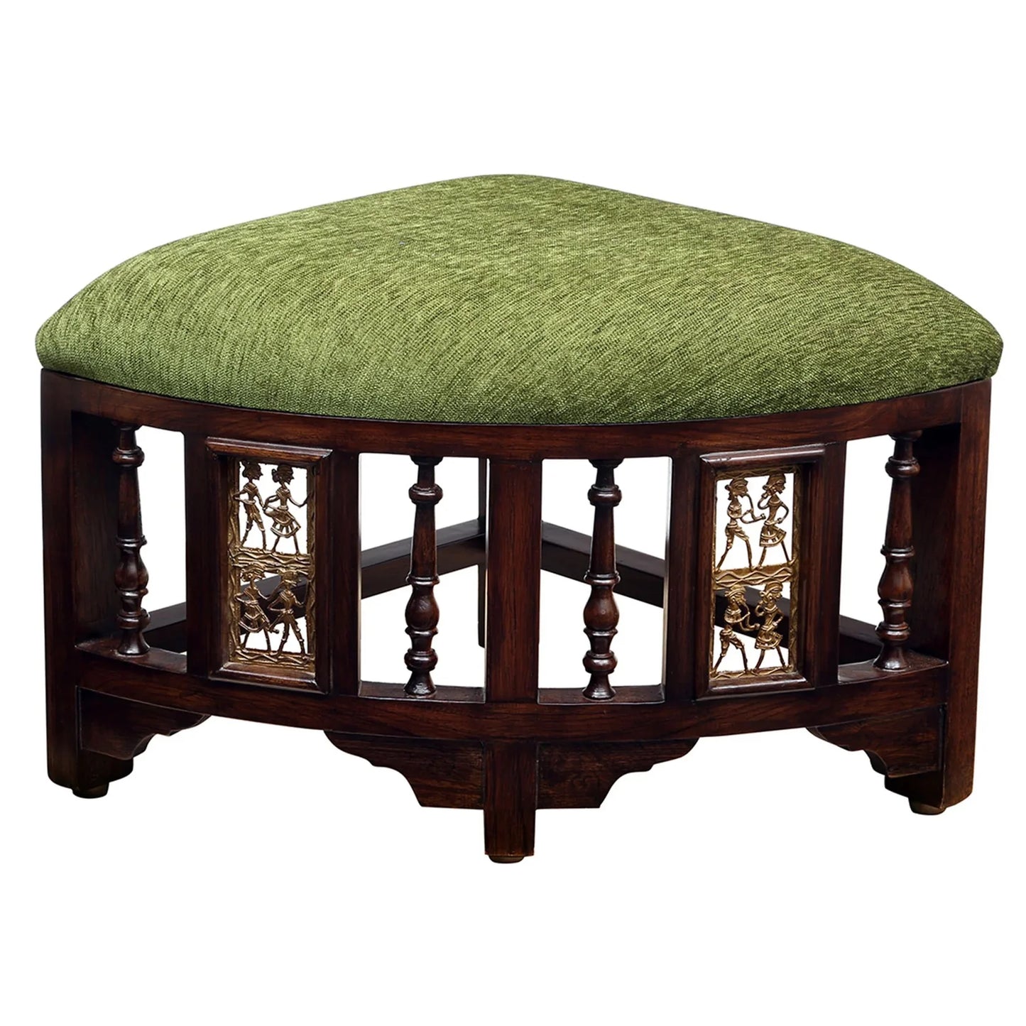 Kanaka Premium Teakwood 4-Seater Coffee Table Set – 36-Inch Center Table with 4 Hideaway Puffy Stools (Warli & Dhokra Art)