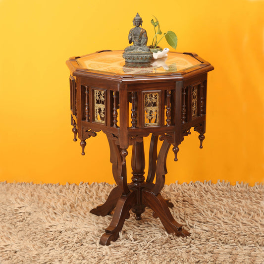 Kara Solid Teakwood Octagonal Pillar Table – 30-Inch High Traditional Walnut Finish Side/Corner Accent Table with Dhokra Metalcraft