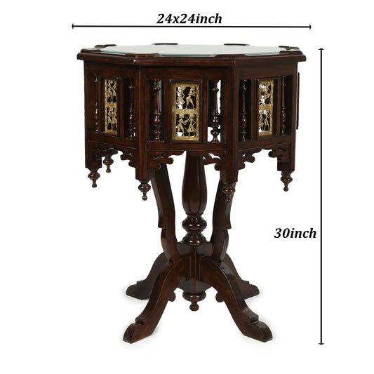 Kara Solid Teakwood Octagonal Pillar Table – 30-Inch High Traditional Walnut Finish Side/Corner Accent Table with Dhokra Metalcraft