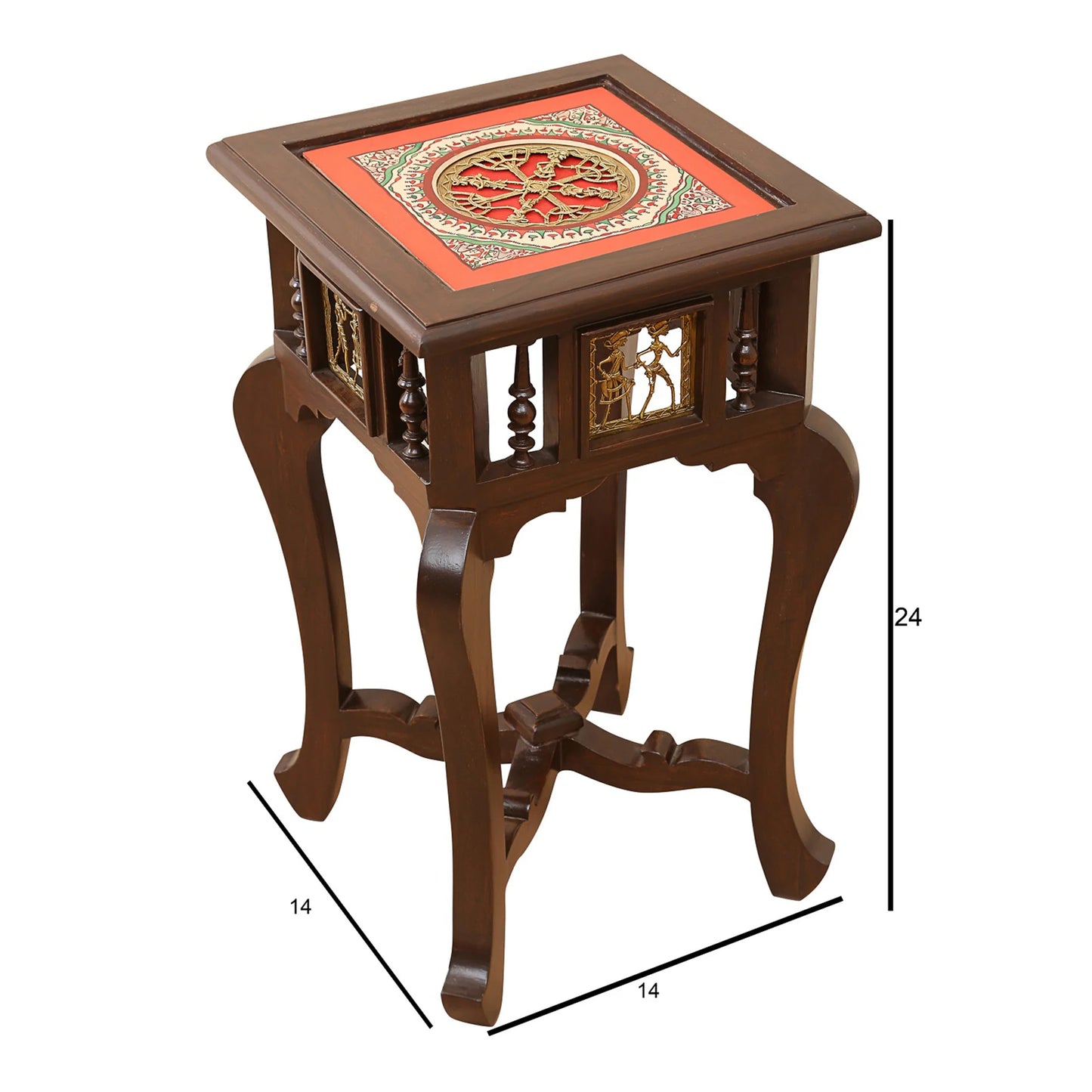 Karma Premium Teakwood End Table – 14-Inch Square Accent Table with Warli & Dhokra Art