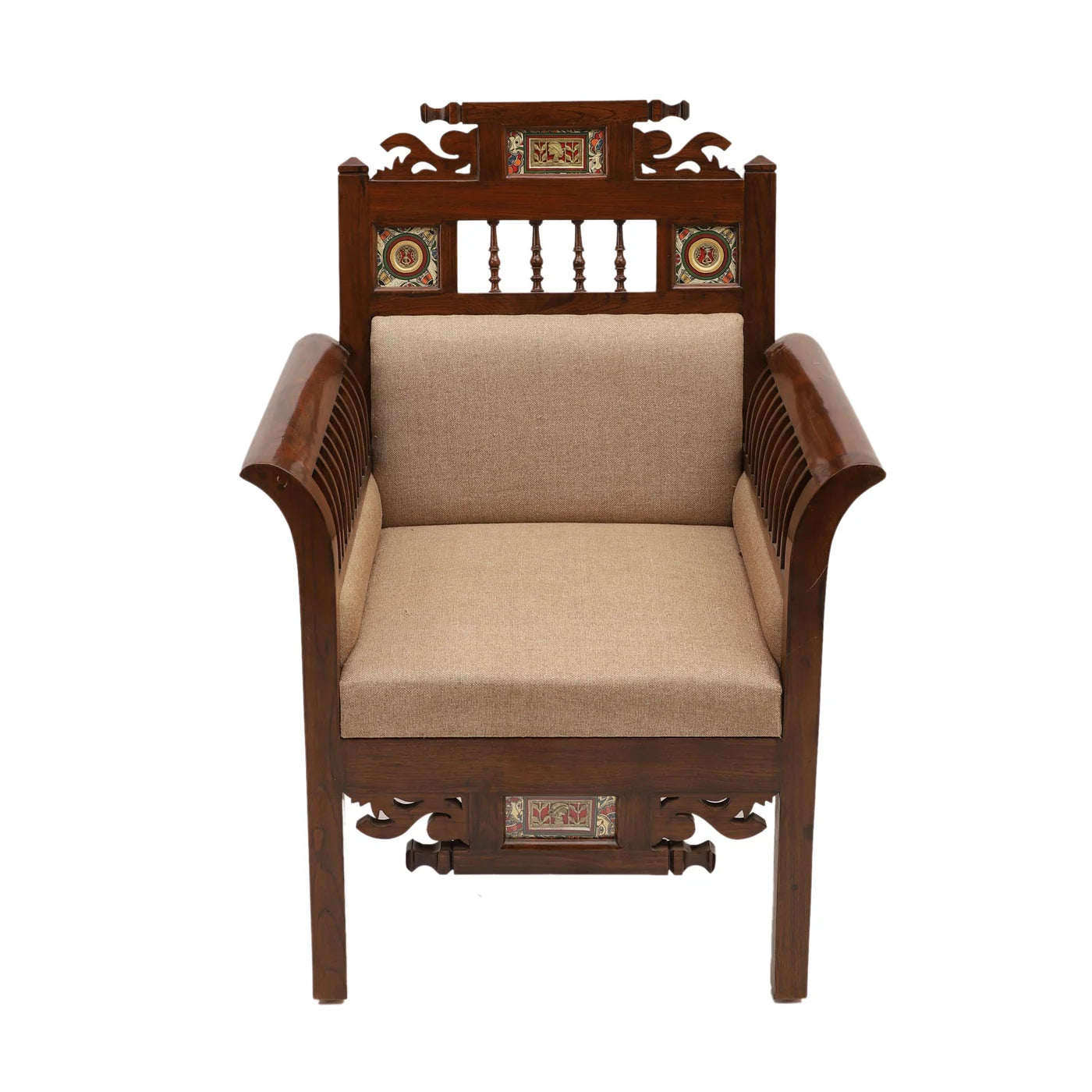 Maharaja Handcrafted Teakwood Single-Seater Sofa – Dhokra Brass & Madhubani Art Accents