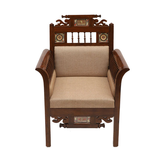 Maharaja Handcrafted Teakwood Single-Seater Sofa – Dhokra Brass & Madhubani Art Accents