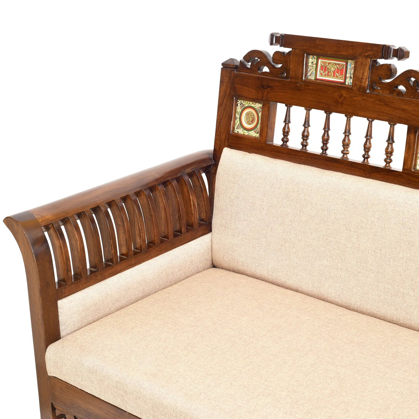 Maharaja Three-Seater Premium Teakwood Sofa –  Handcrafted with Dhokra Brass & Madhubani Accents