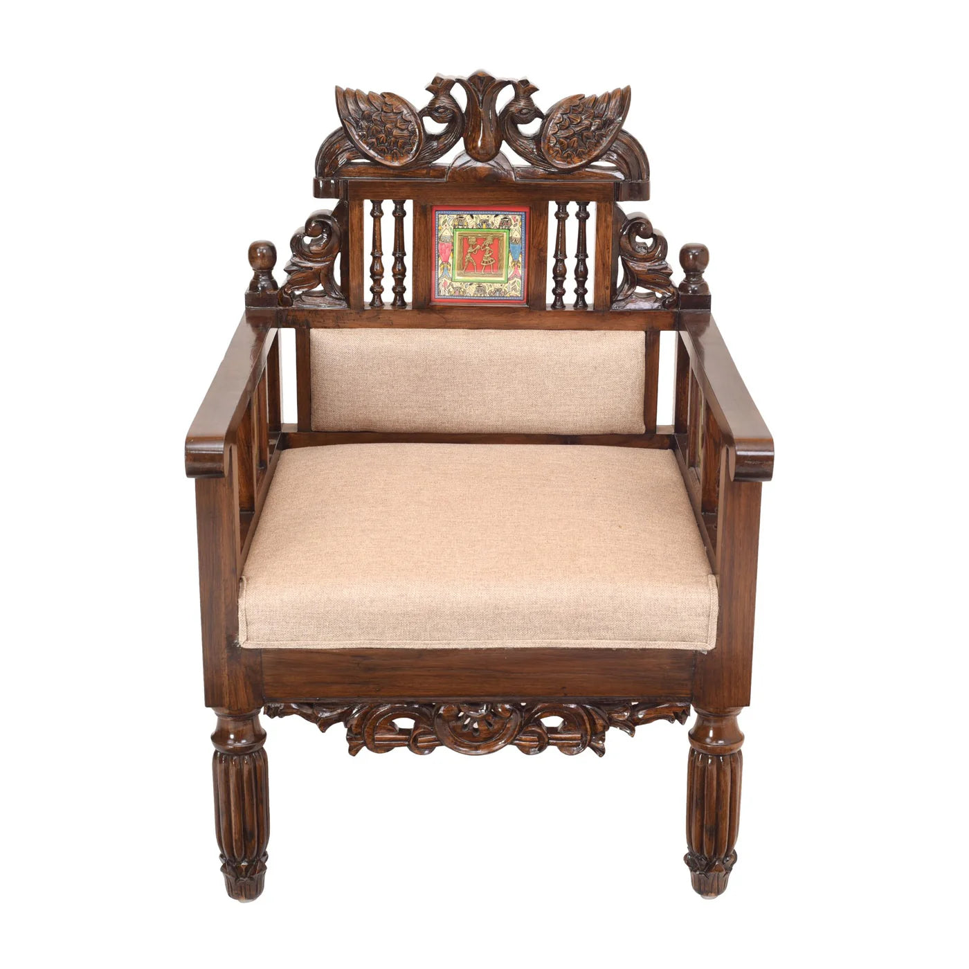 Mallika Premium Teakwood Single Seater Sofa – Dhokra Brass & Madhubani Art Accents
