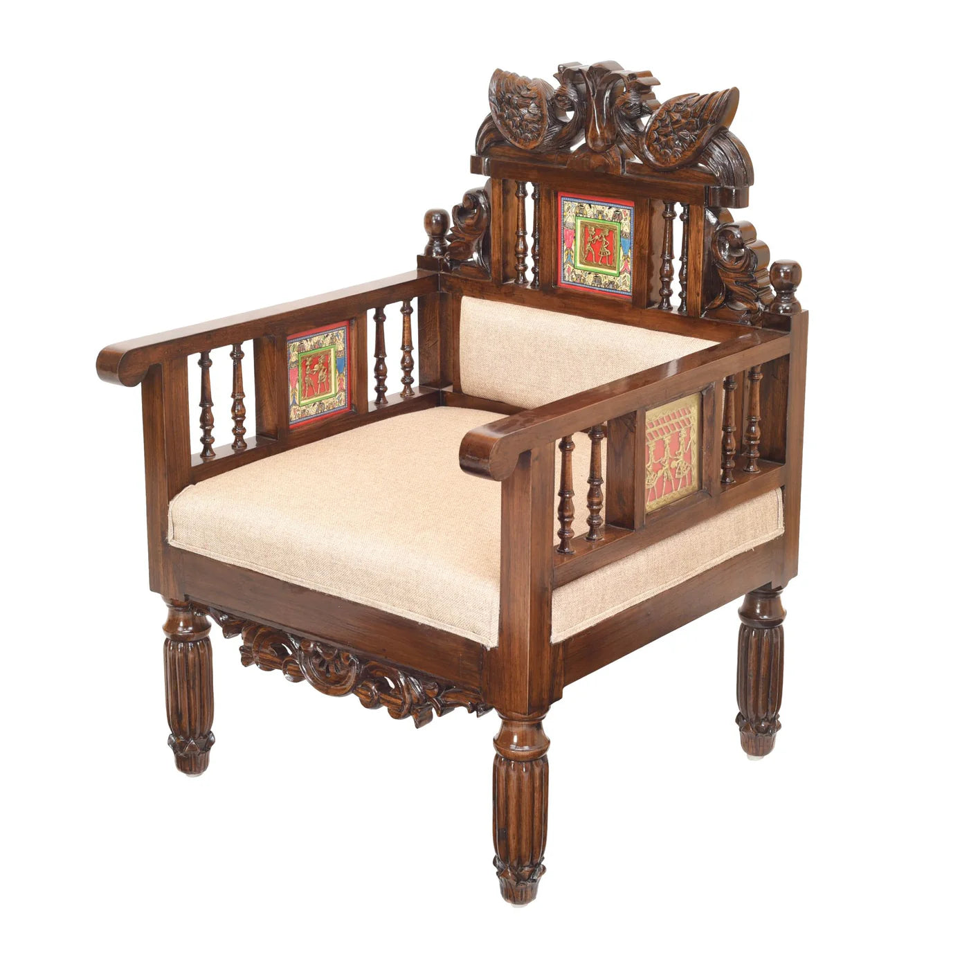 Mallika Premium Teakwood Single Seater Sofa – Dhokra Brass & Madhubani Art Accents
