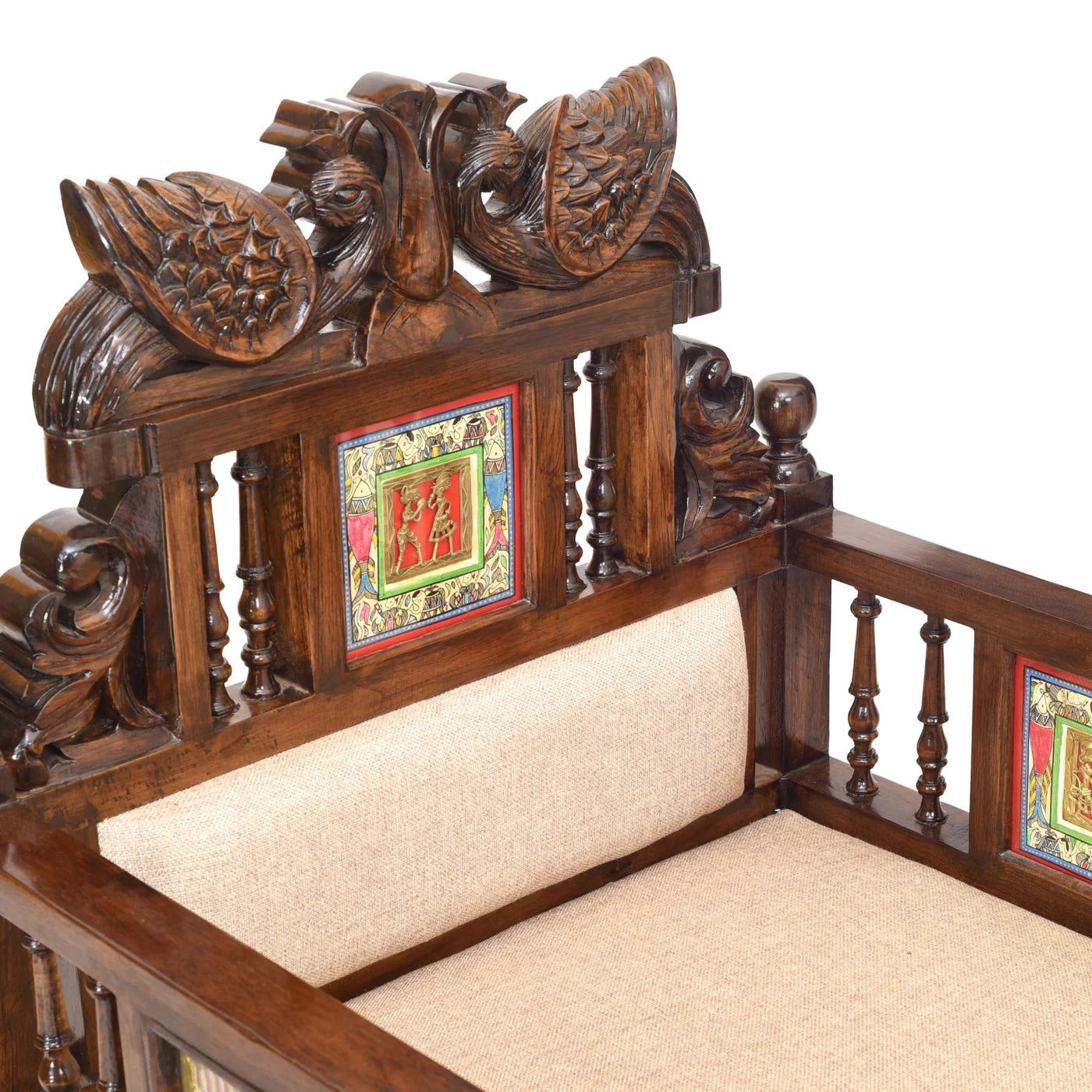 Mallika Premium Teakwood Single Seater Sofa – Dhokra Brass & Madhubani Art Accents