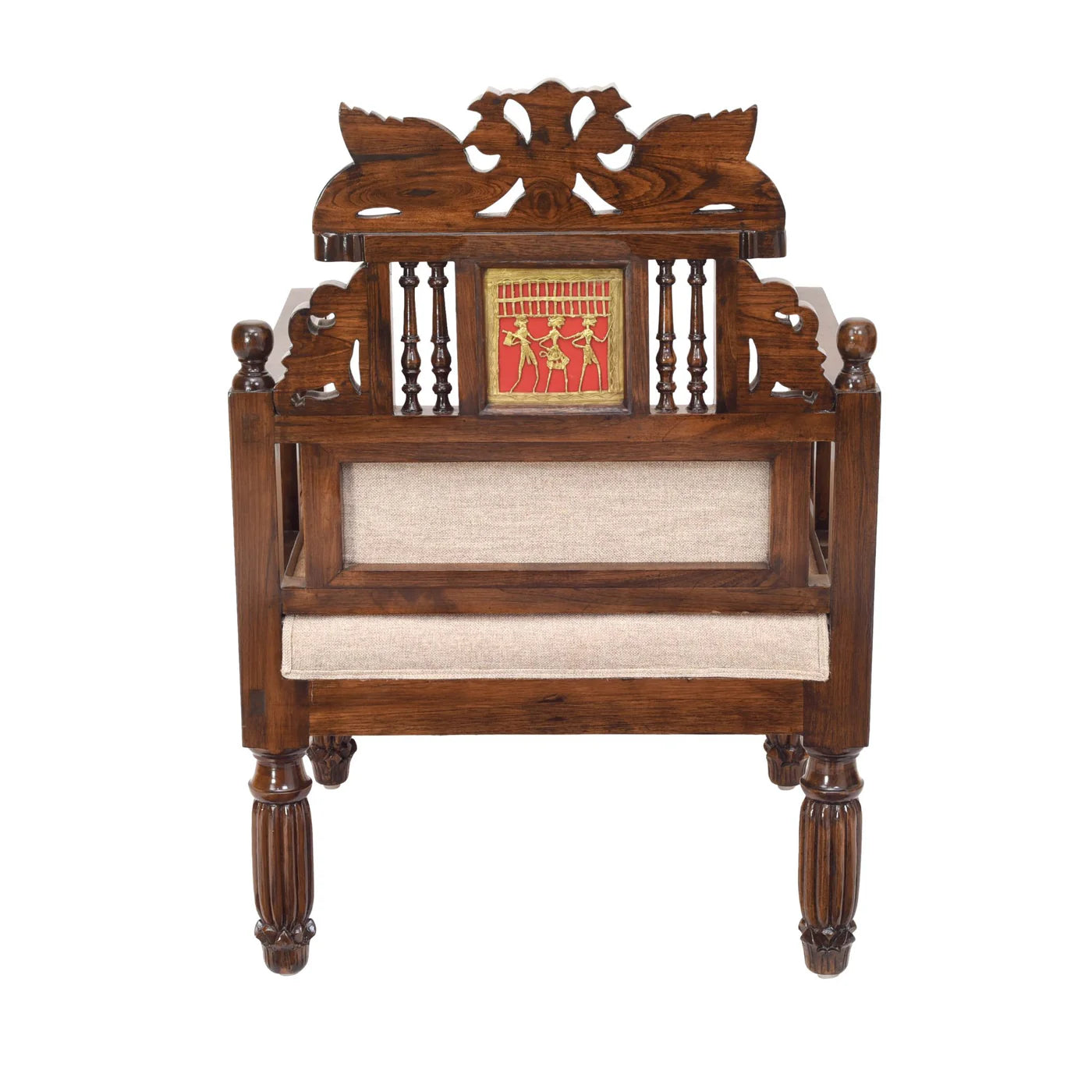 Mallika Premium Teakwood Single Seater Sofa – Dhokra Brass & Madhubani Art Accents