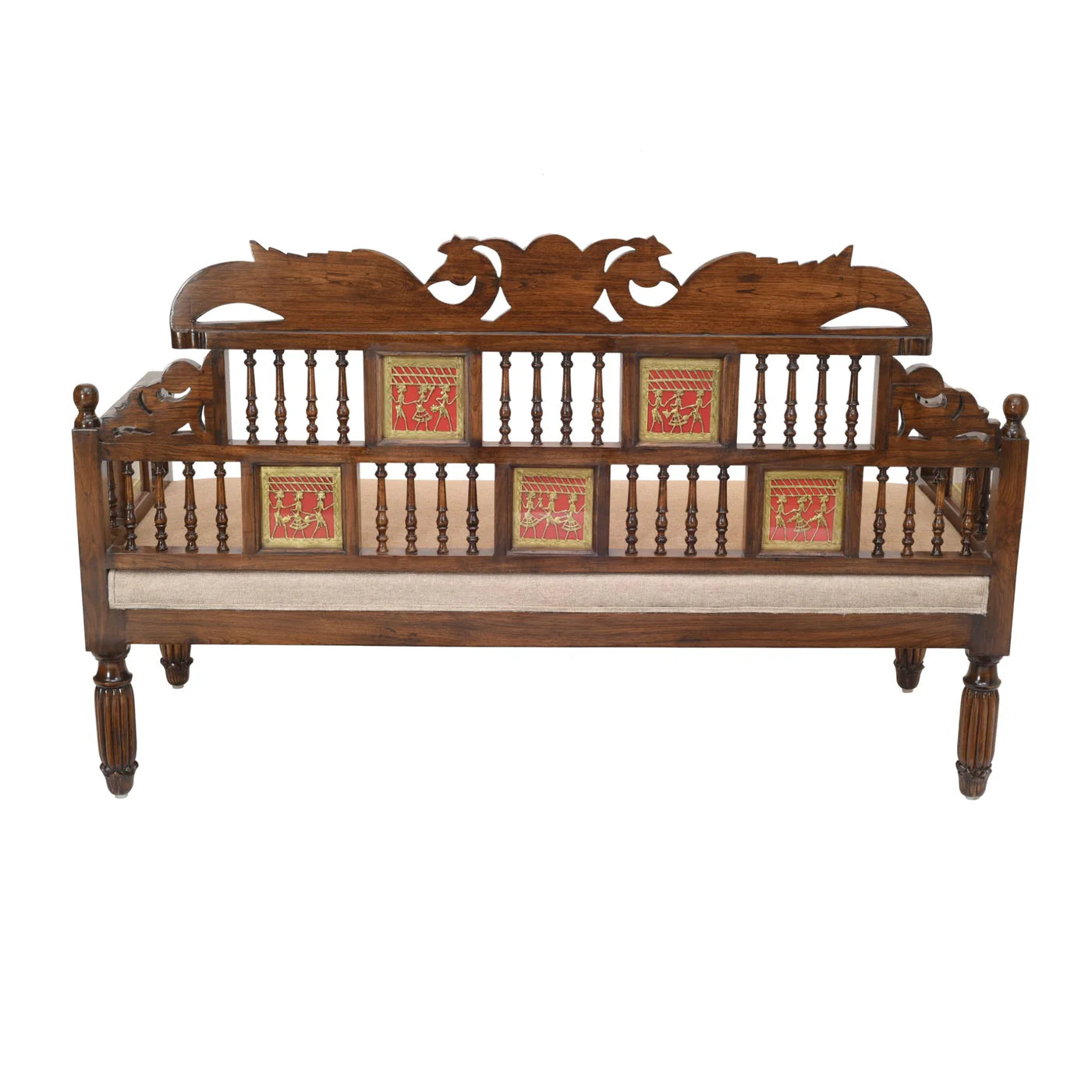 62-Inch Hand-Carved Teakwood Takth – Three-Seater Sofa with Warli & DhokraArt | Mallika