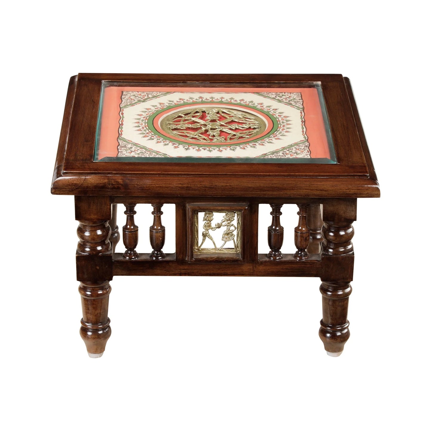 Mana Premium Teakwood Low Height End Table – 16-Inch Square Accent Stool with Warli & Dhokra Art