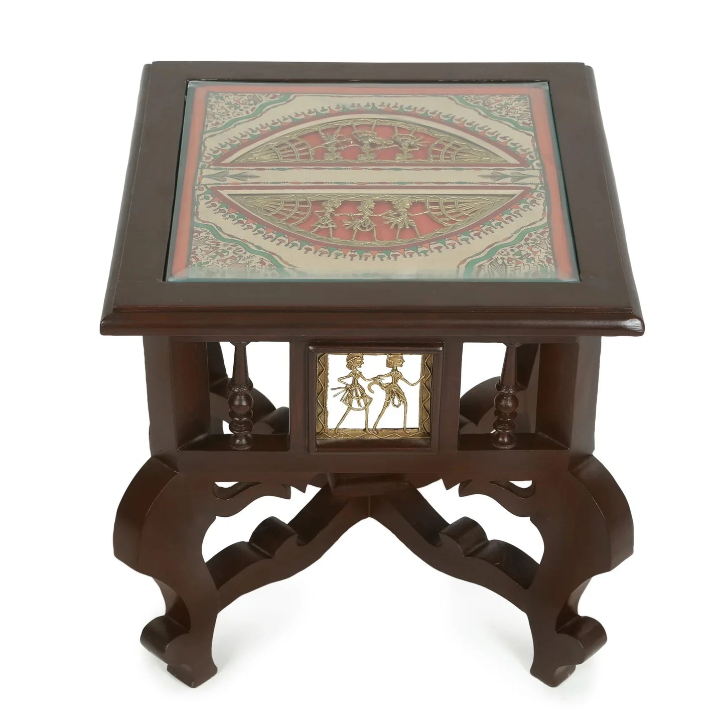 Munich Premium Teakwood 16-Inch Bedside Table – Oriental Legs with Warli & Dhokra Art