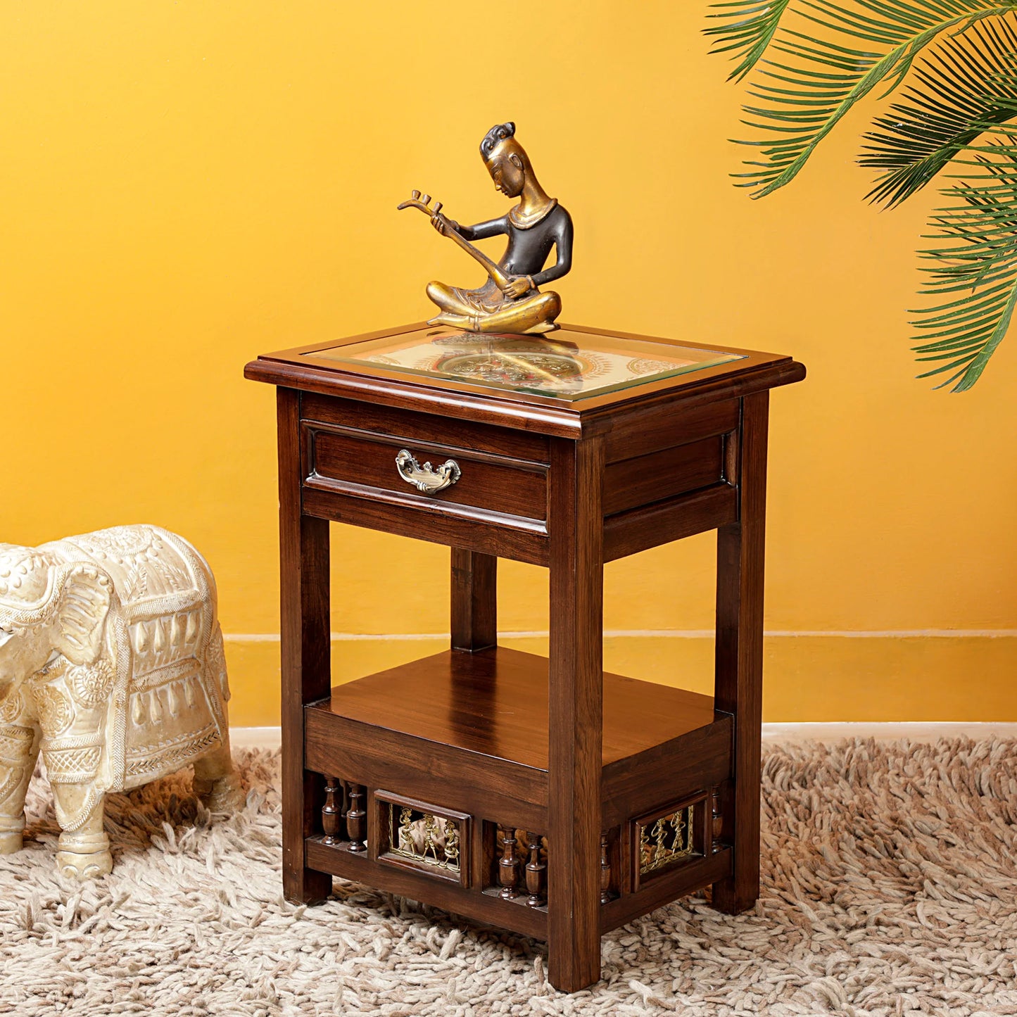 Myra-I Premium Teakwood Side Table – 24-Inch Accent Table with Drawer, Warli & Dhokra Art