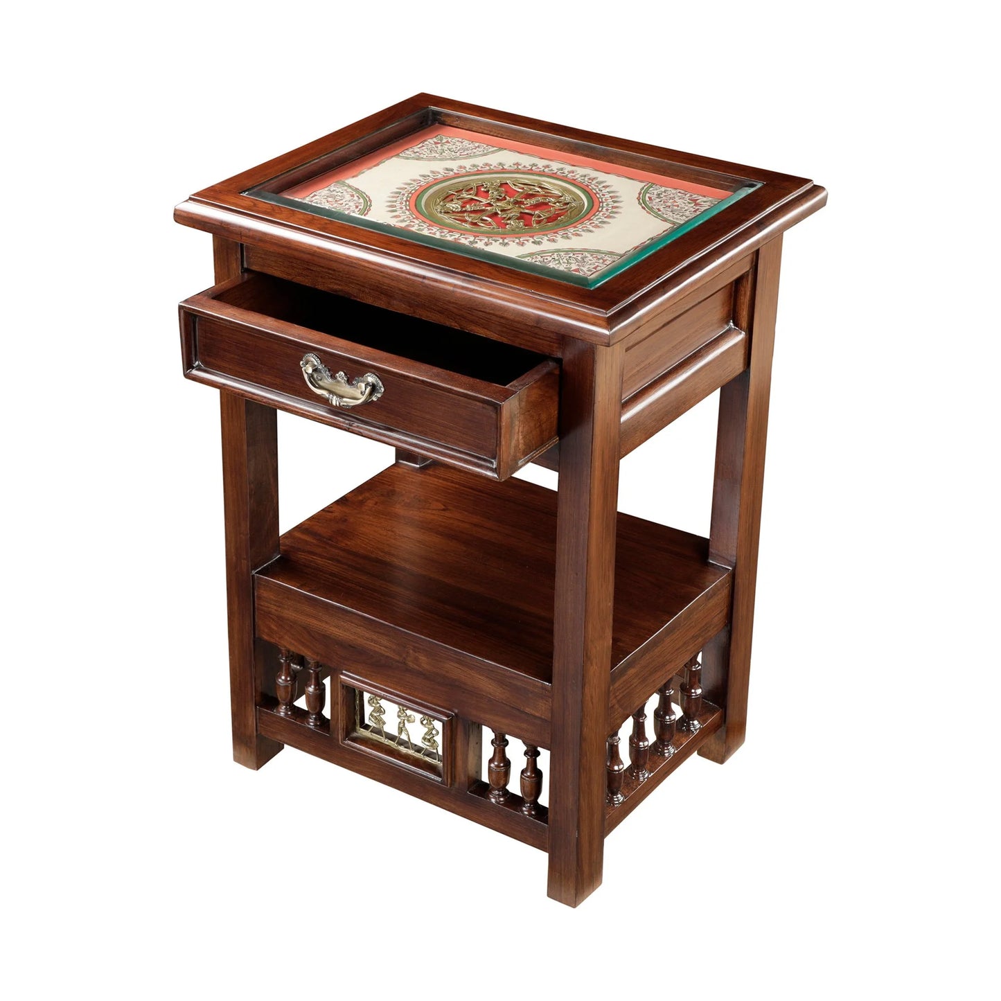Myra-I Premium Teakwood Side Table – 24-Inch Accent Table with Drawer, Warli & Dhokra Art