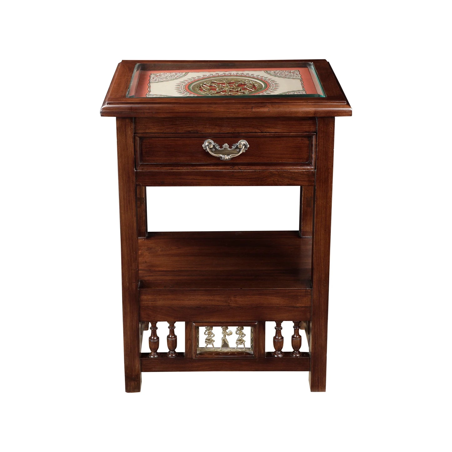 Myra-I Premium Teakwood Side Table – 24-Inch Accent Table with Drawer, Warli & Dhokra Art
