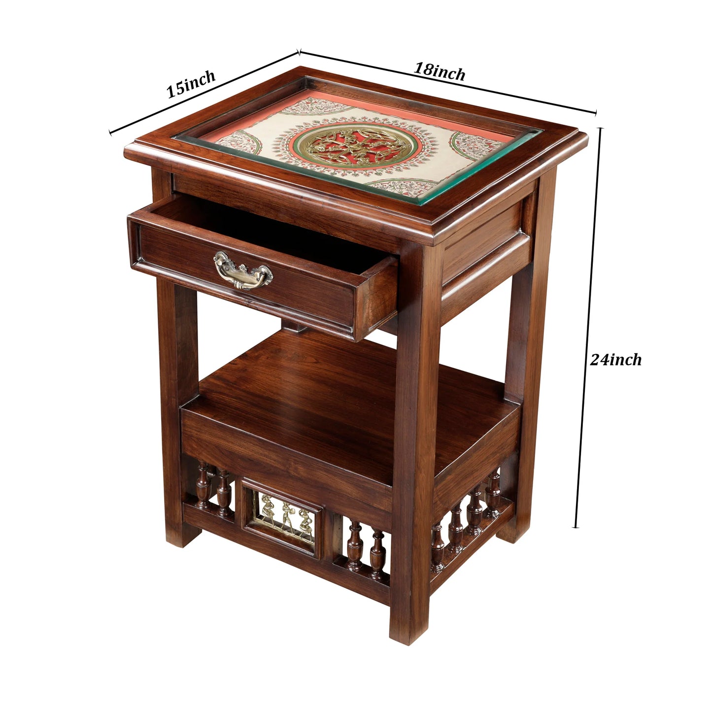 Myra-I Premium Teakwood Side Table – 24-Inch Accent Table with Drawer, Warli & Dhokra Art
