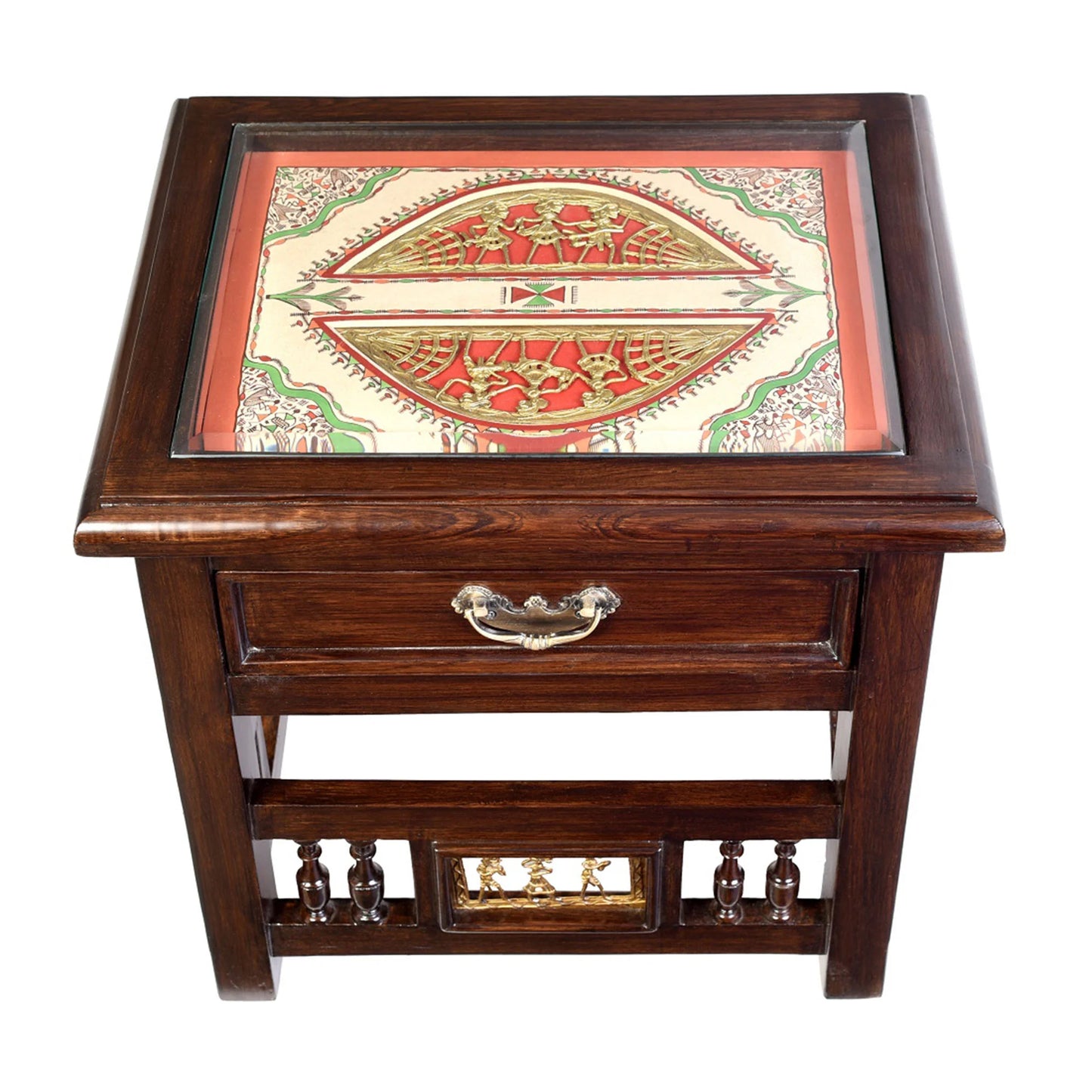 Myra Premium Teakwood Side Table – 18-Inch Accent Table with Drawer, Warli & Dhokra Art