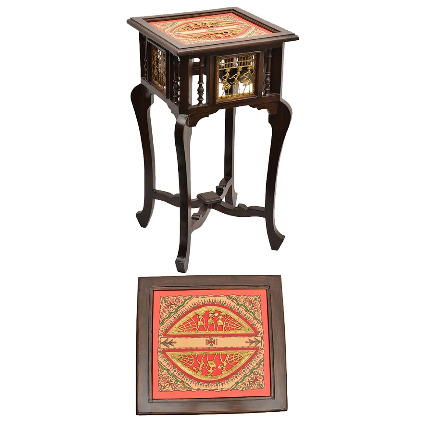 Nirvan Premium Teakwood 30-Inch Tall End Table – Warli & Dhokra Art Accents