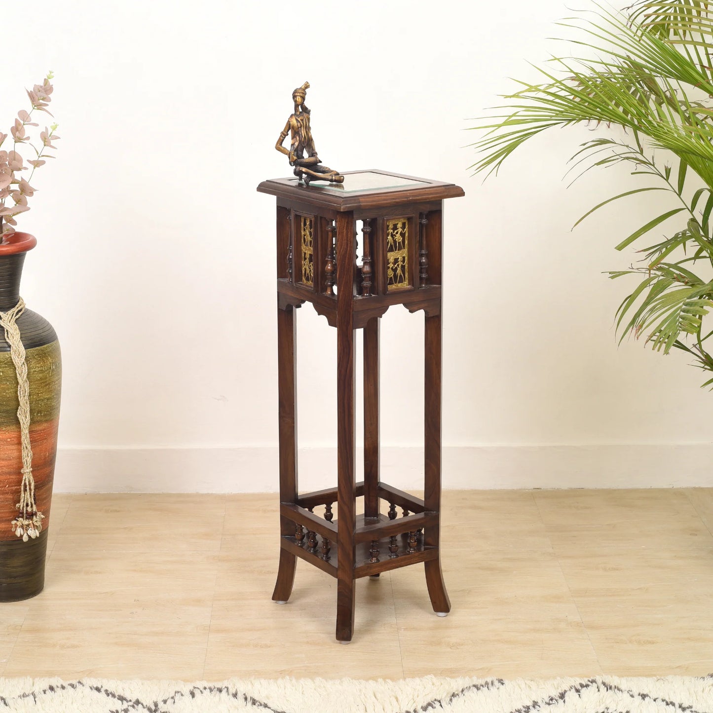 Nyra-III Premium Teakwood 36-Inch Extra Tall Planter Stand – Warli & Dhokra Art Accents