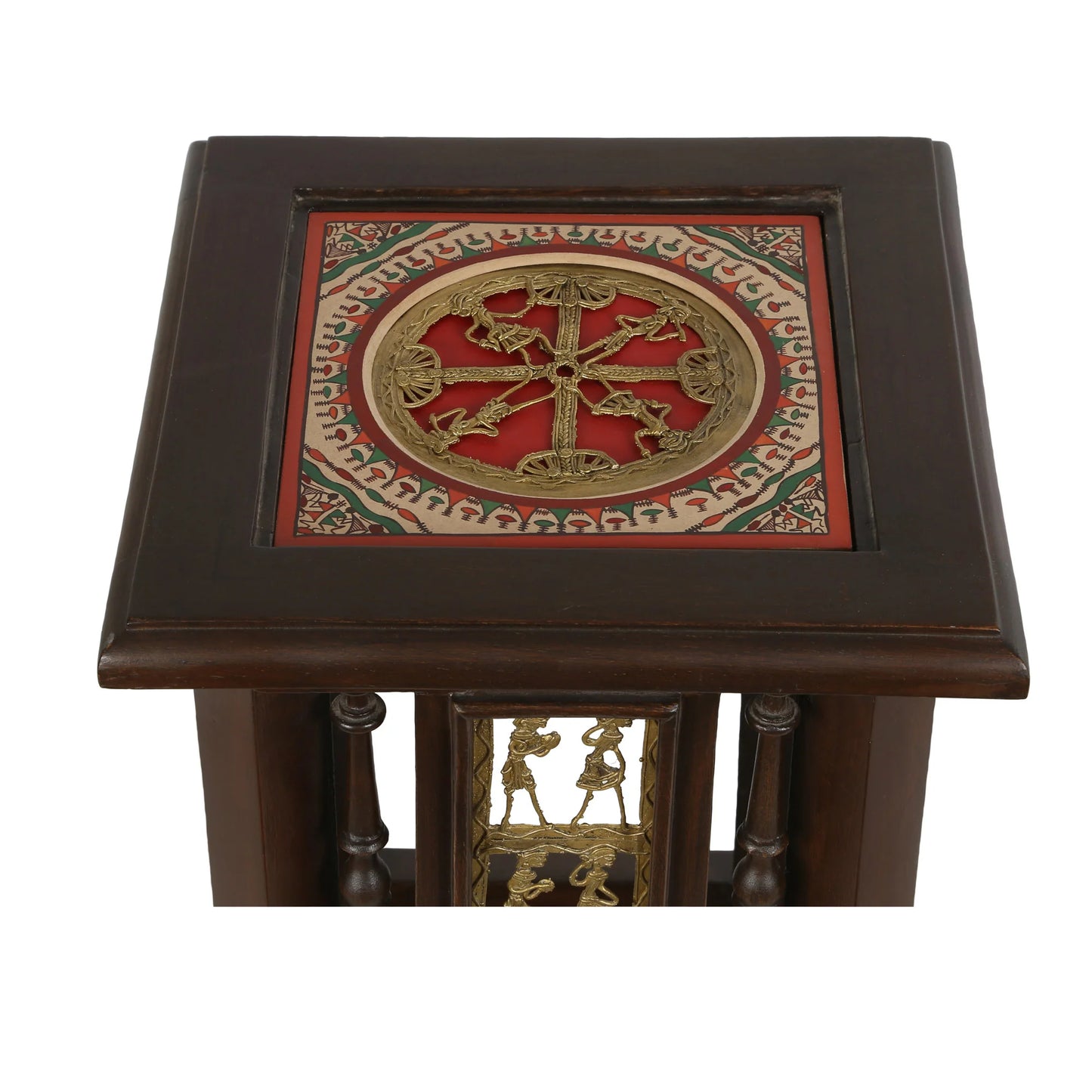 Nyra-II Premium Teakwood 30-Inch Tall Planter Stand – Warli & Dhokra Art Accents