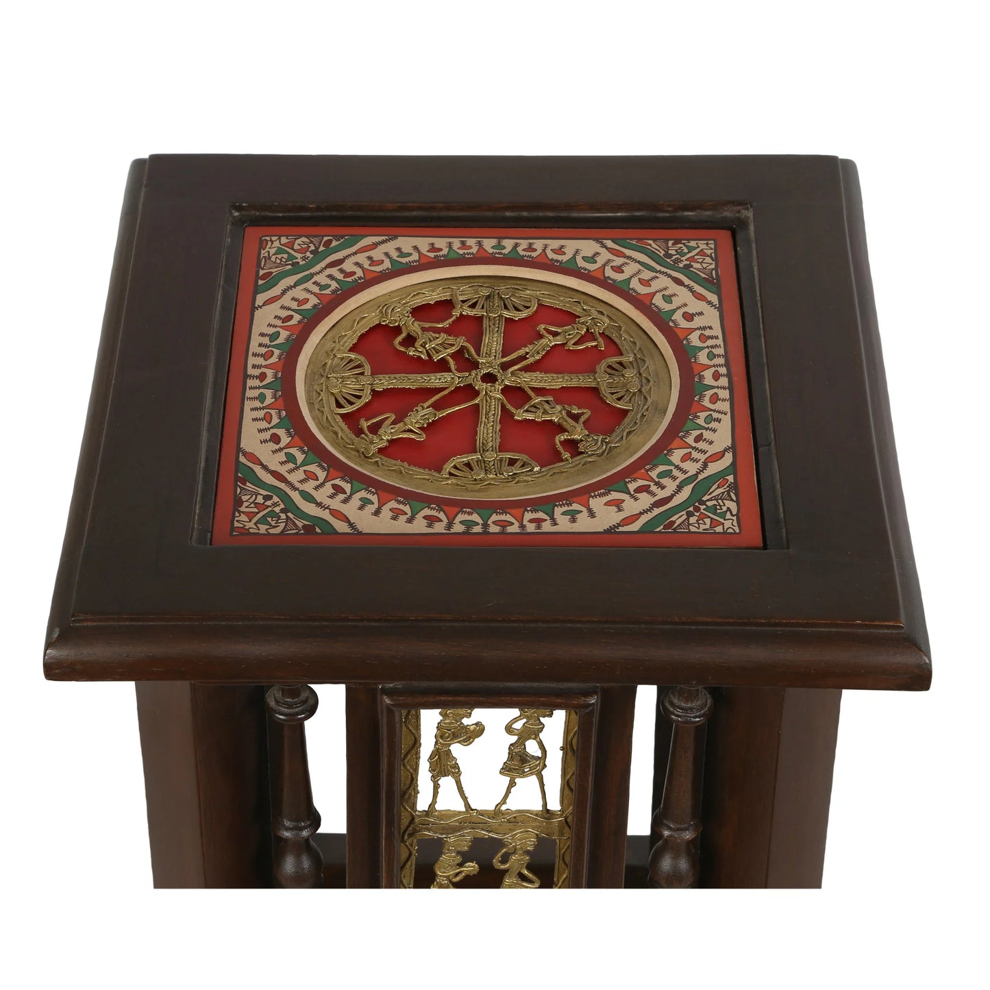 Nyra Premium Teakwood Planter Stand – 24-Inch Tall Accent Table with Warli & Dhokra Art