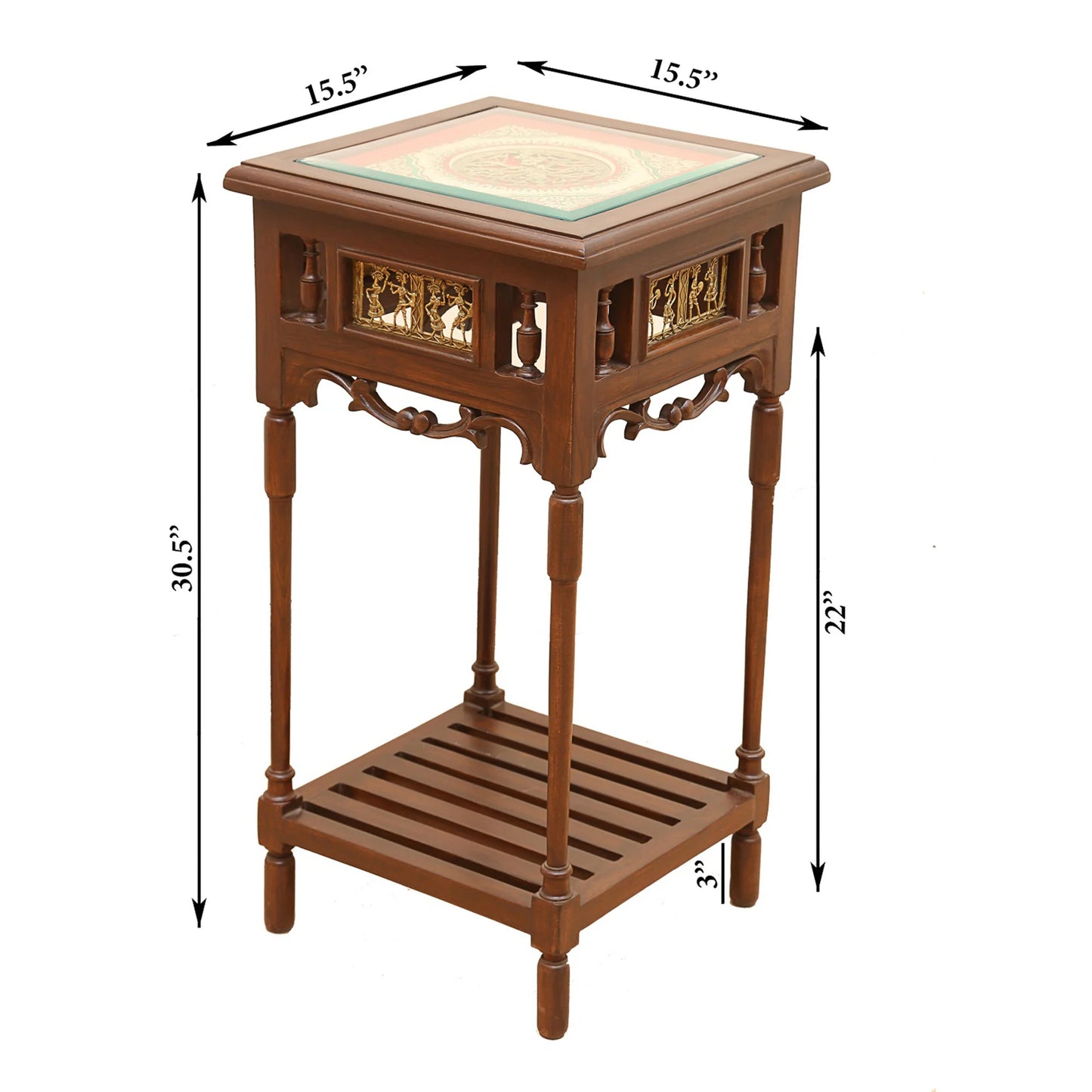 Onyx Premium Teakwood 30-Inch Tall End Table – Warli & Dhokra Art Accents