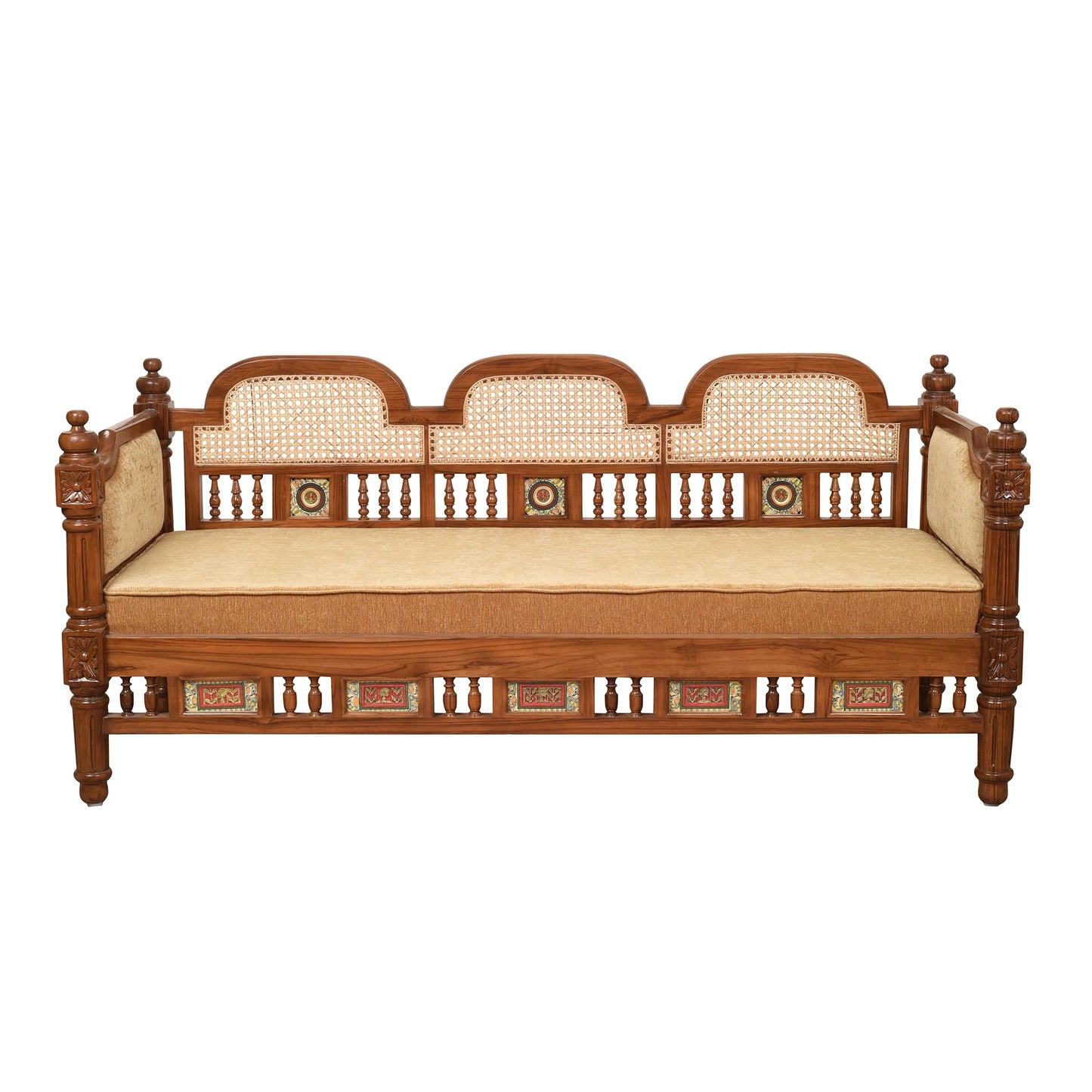Orchid-II Premium Teakwood 3-Seater Sofa – Natural Cane Backrest & Dhokra Brass Accents