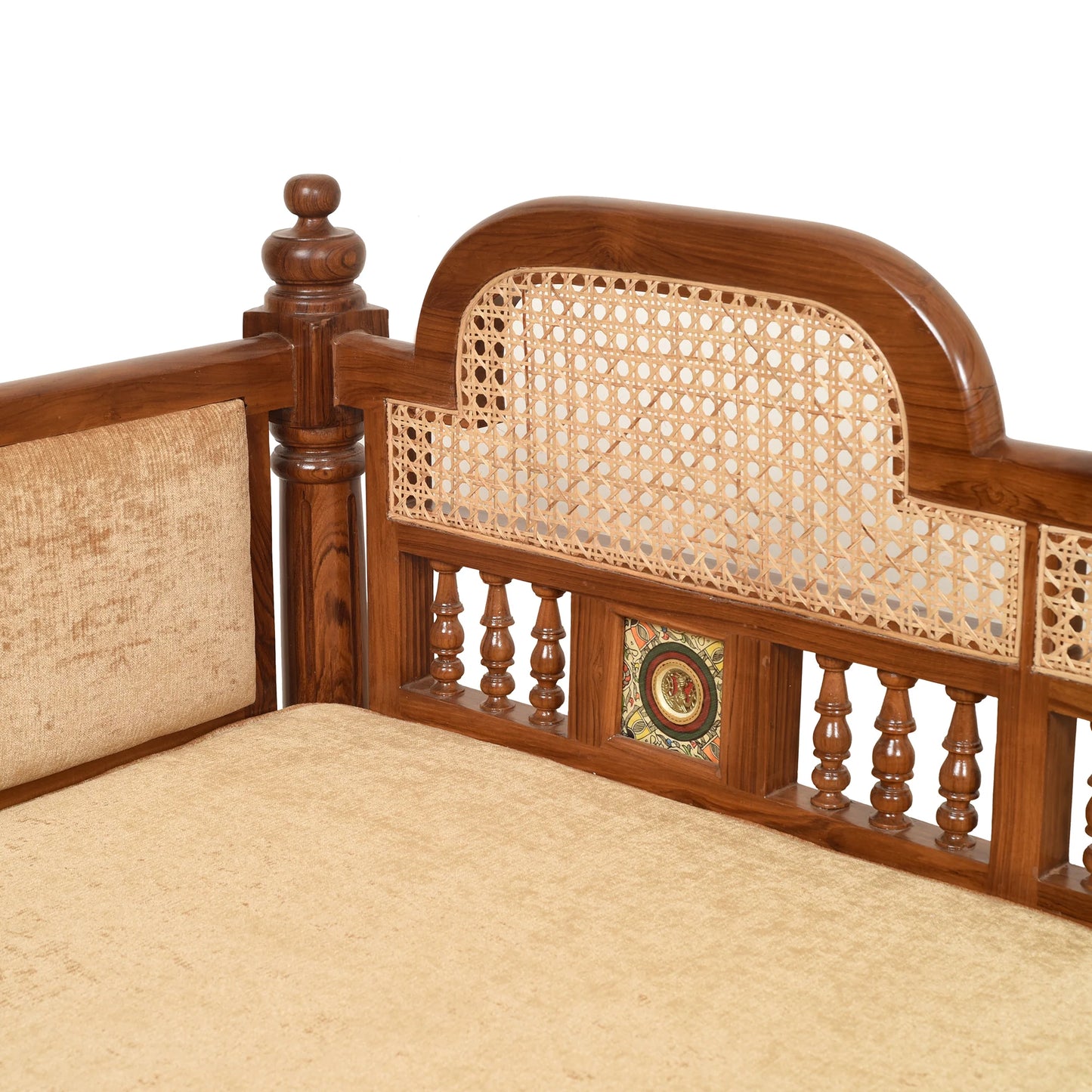 Orchid-II Premium Teakwood 3-Seater Sofa – Natural Cane Backrest & Dhokra Brass Accents