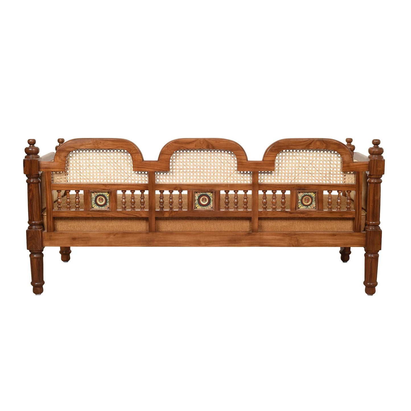 Orchid-II Premium Teakwood 3-Seater Sofa – Natural Cane Backrest & Dhokra Brass Accents