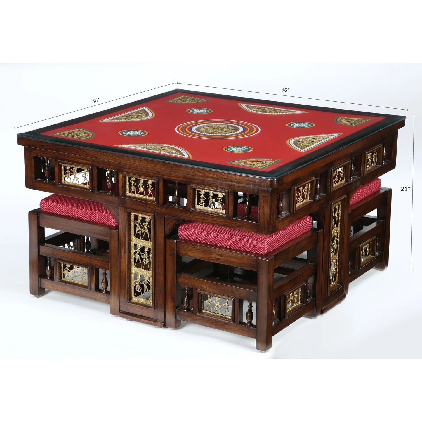 Osho Smart Premium Teakwood 4-Seater Coffee Table Set – 36-Inch Center Table with 4 Hideaway Puffy Stools (Warli & Dhokra Art)