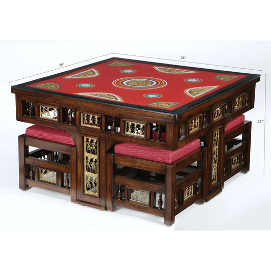 Osho Smart Premium Teakwood 4-Seater Coffee Table Set – 36-Inch Center Table with 4 Hideaway Puffy Stools (Warli & Dhokra Art)