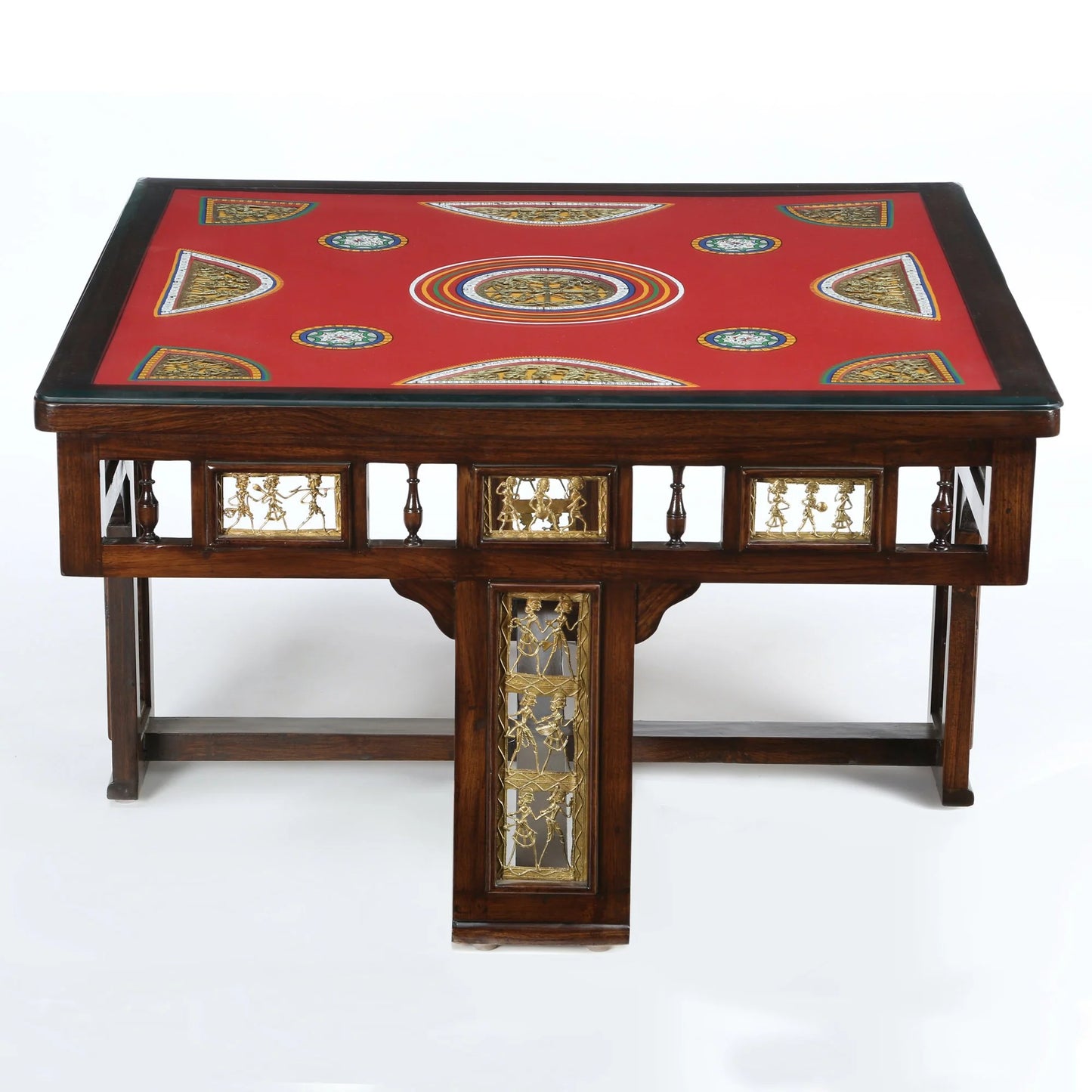 Osho Smart Premium Teakwood 4-Seater Coffee Table Set – 36-Inch Center Table with 4 Hideaway Puffy Stools (Warli & Dhokra Art)